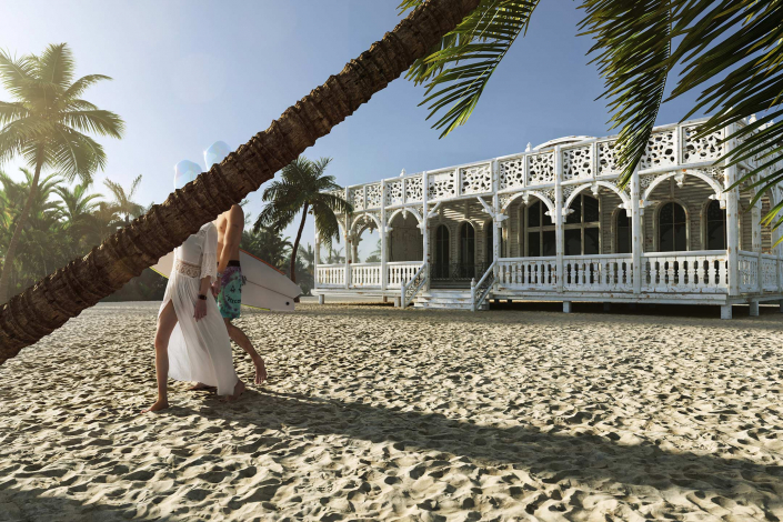 Ein Holzhaus an einem Strand mit Palmen